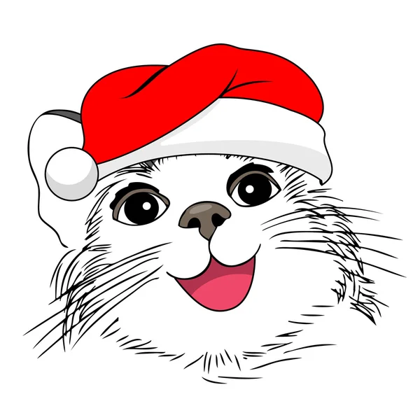 Katzenhand-Zeichenstil in rotem Weihnachtsmann-Hut. — Stockvektor