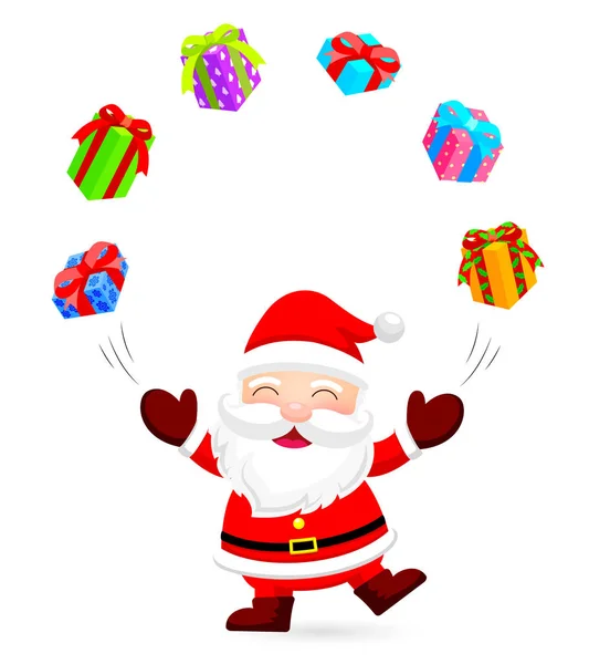 Glücklicher Weihnachtsmann jongliert mit Geschenkboxen. — Stockvektor