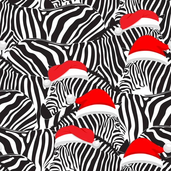 Zebra trägt Weihnachtsmützen mit nahtlosem Muster. — Stockvektor