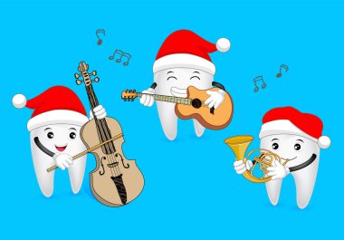 Müzik çalarken Santa şapka diş karakter kümesi.