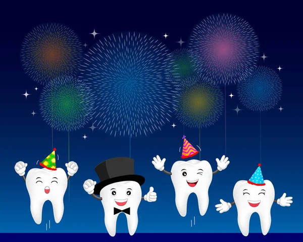 Personagem de dente de desenho animado bonito com fogos de artifício coloridos . — Vetor de Stock