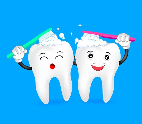 Aranyos fogat rajzfilmfigura fogmosás együtt. — Stock Vector
