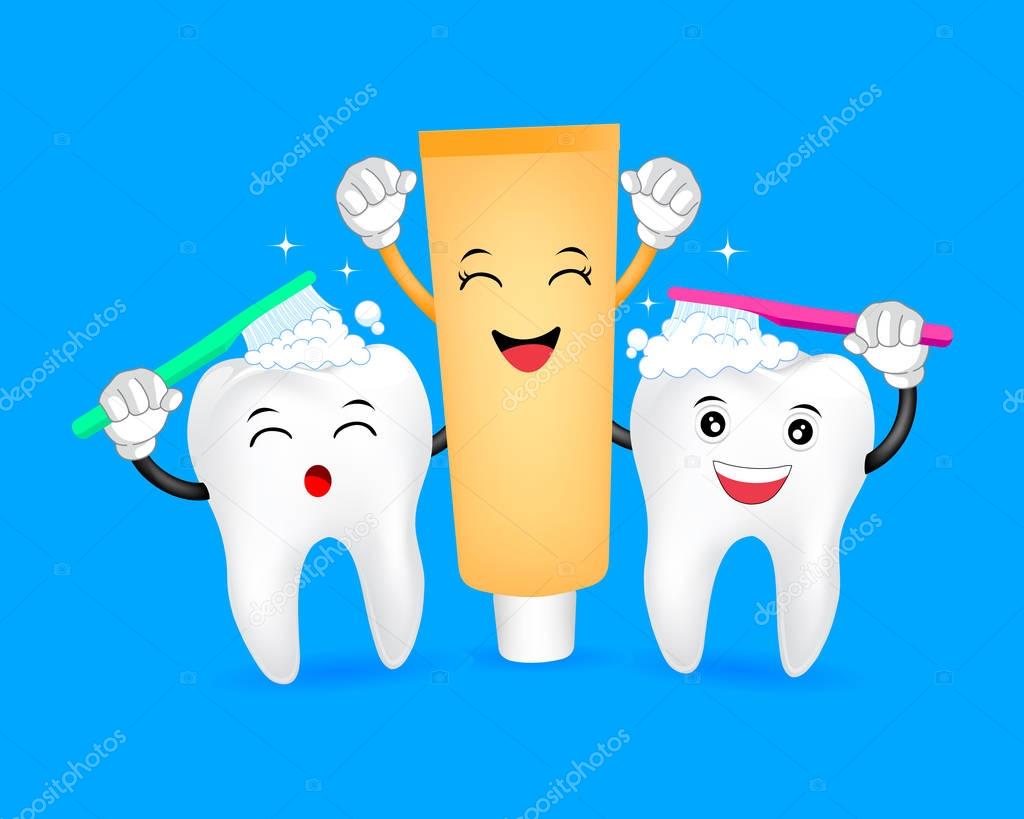 Cute cartoon tooth brushing with toothpaste character. — Stock Vector