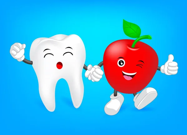 Sevimli diş karakter kırmızı elma ile. — Stok Vektör