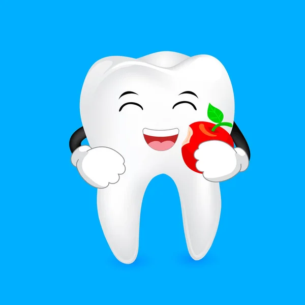 Personagem de dente de desenho animado bonito comendo maçã . —  Vetores de Stock