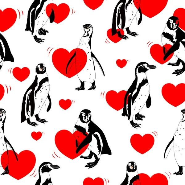 Pingouins noirs et blancs avec coeur rouge . — Image vectorielle