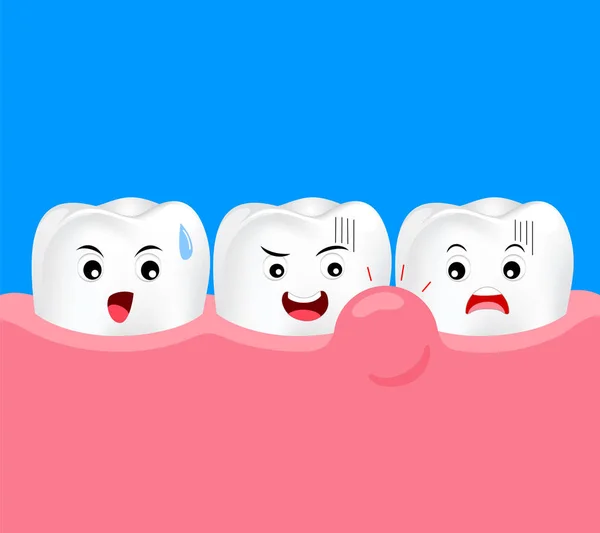 Personagem de dente de desenho animado bonito com problema de gengiva . —  Vetores de Stock