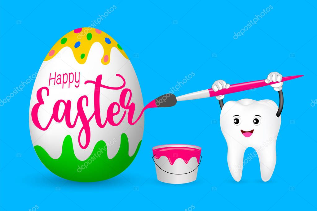 Cute cartoon tooth painting Easter egg by paintbrush.