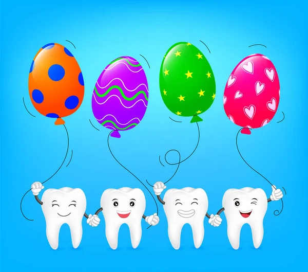 Bonito desenho animado dente segurando forma de ovo balões . —  Vetores de Stock