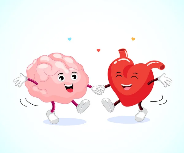 Roztomilý šťastný mozek a srdce, které tančí spolu. — Stockový vektor