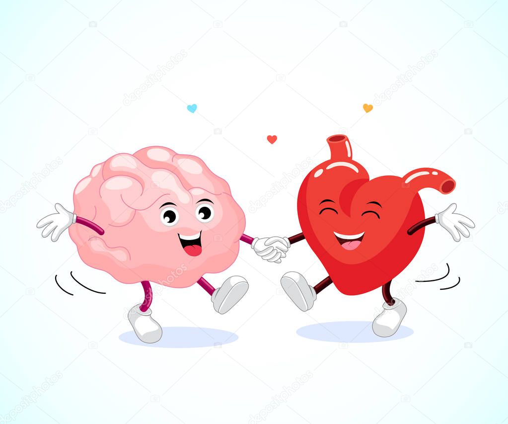 Cute happy brain and heart dancing together.