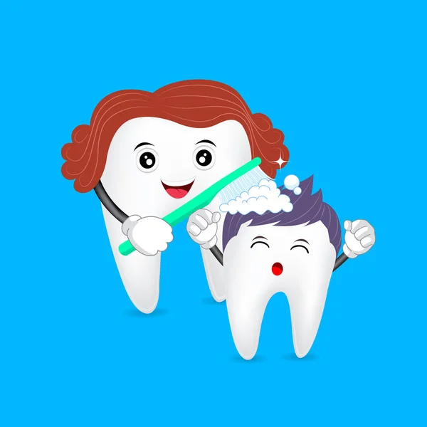 Linda familia de dientes de dibujos animados. Mamá cepillarse el diente hijo . — Vector de stock