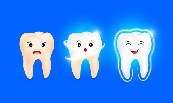 Conjunto de carácter diente limpio y sucio sobre fondo azul, proceso de limpieza del diente . — Vector de stock