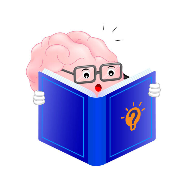 Cute brain cartoon character reading book. 