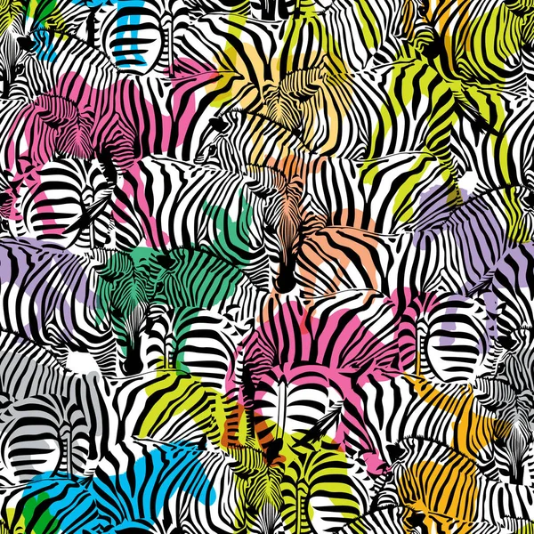 Zebra with colorful silhouette wildlife animals, seamless pattern. — Stock Vector