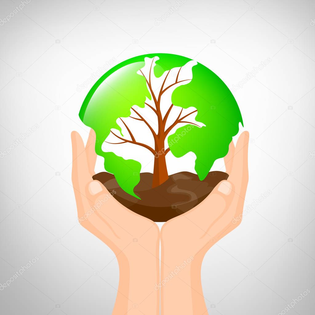 Hand  holding tree shaped world map with soil. 