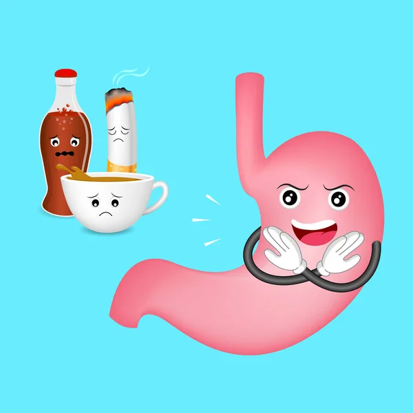 胃のかわいい漫画のキャラクターは言います。酸性の食べ物や飲み物、コーヒー、清涼飲料、タバコを曝気. — ストックベクタ