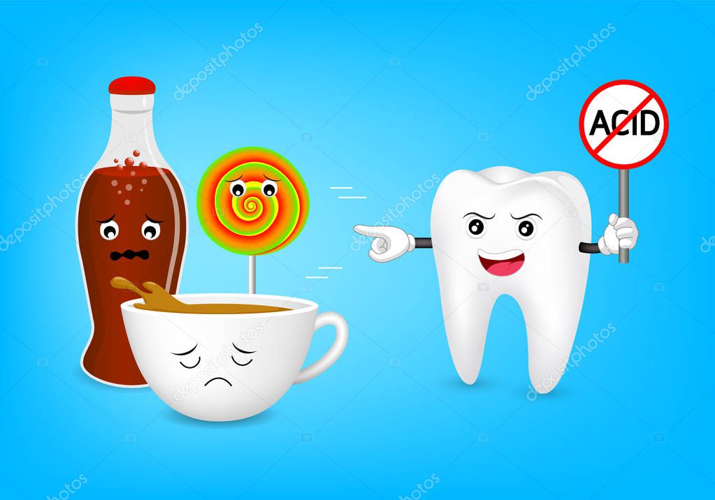 Cute cartoon tooth character holding no acid sign.
