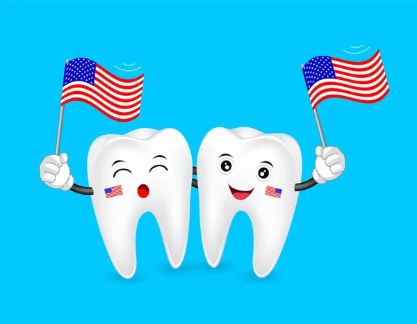 귀여운 만화 치아 문자 미국 국기를 흔들며. — 스톡 벡터
