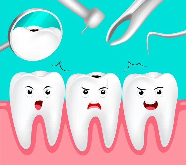 卡通朽烂牙害怕牙科设备. — 图库矢量图片