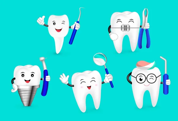Kreskówka ząb szczęśliwie z narzędzia stomatologiczne. — Wektor stockowy