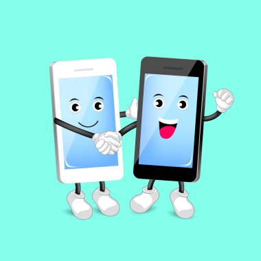 İki sevimli akıllı telefon karakter el sallayarak. 