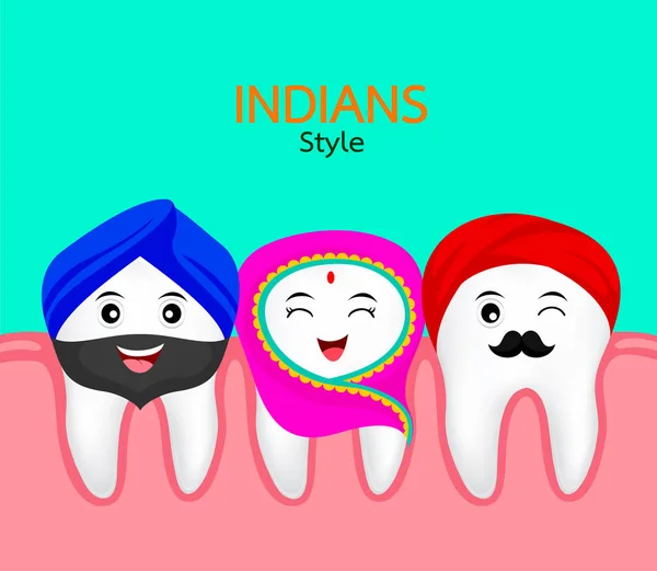 Dibujos animados feliz estilo indio de carácter diente con goma de mascar . — Archivo Imágenes Vectoriales