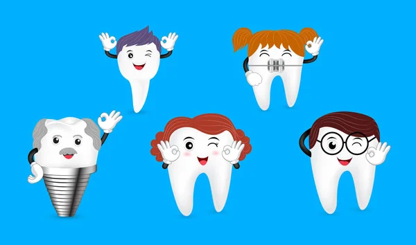 Conjunto de linda familia de dientes de dibujos animados que muestra signo de mano bien . — Archivo Imágenes Vectoriales