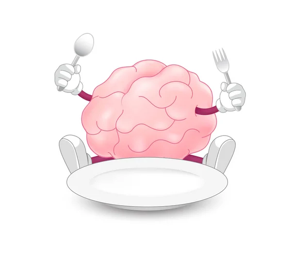Personaje cerebral sosteniendo cuchara y tenedor con plato vacío . — Vector de stock