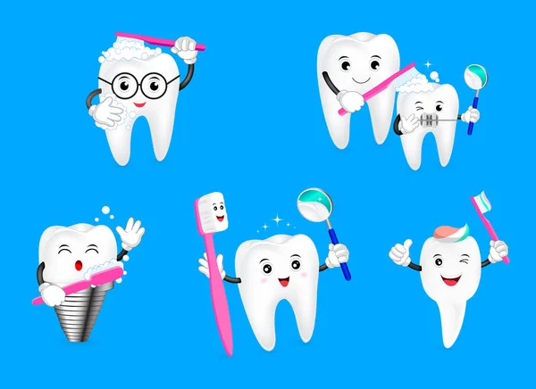 Набор симпатичных мультяшных зубов с зубной щеткой . — стоковый вектор