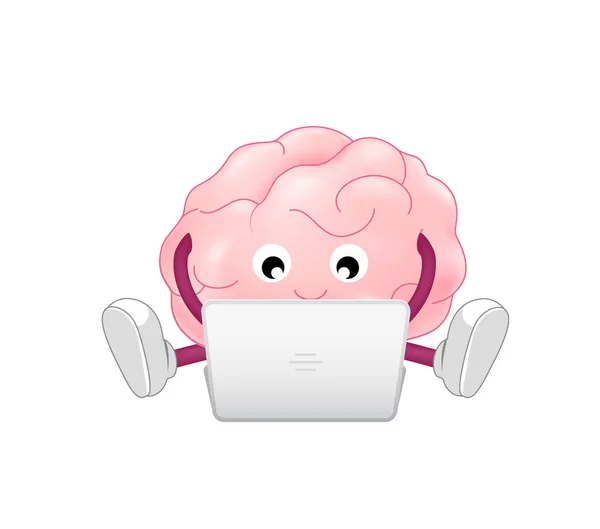Bonito feliz sorrindo personagem do cérebro sentado com computador portátil . — Vetor de Stock