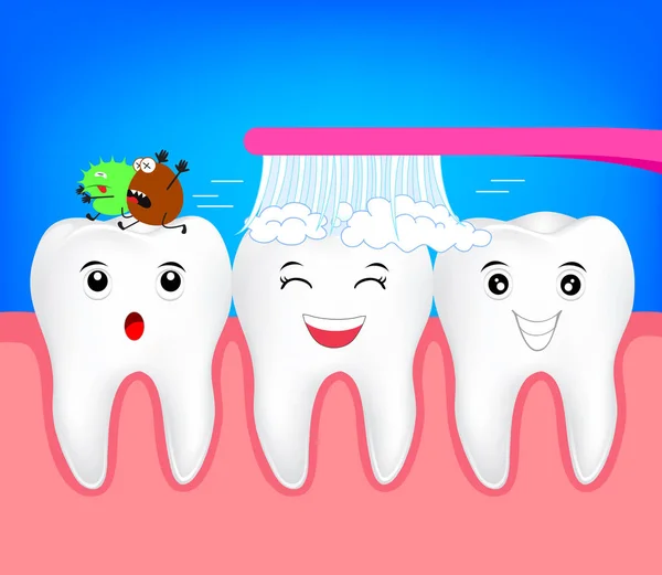 Dente de personagem de desenho animado feliz com escova de dentes . —  Vetores de Stock