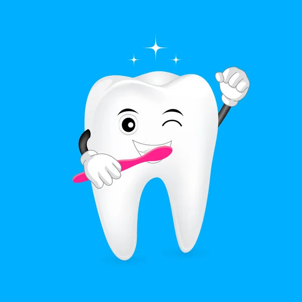 Χαριτωμένο κινούμενα δόντι χαρακτήρα εκμετάλλευσης οδοντόβουρτσα. — Διανυσματικό Αρχείο