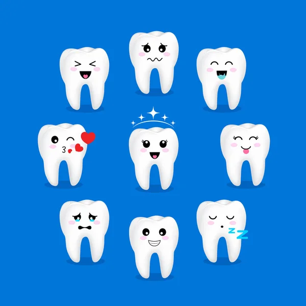 Set von niedlichen Cartoon-Zahn-Emoticons mit unterschiedlichen Gesichtsausdrücken. — Stockvektor