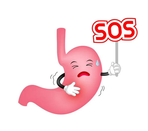 Personagem do estômago humano segurando sinal SOS . — Vetor de Stock
