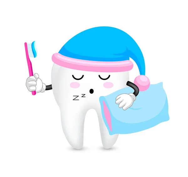 Schattige cartoon tand karakter met tandenborstel en kussen. — Stockvector