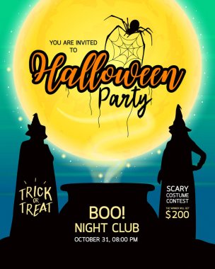 Cadılar Bayramı partisi. Cadılar, ay ve örümcek. 