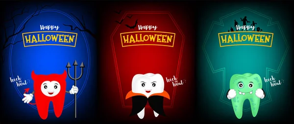 Aranyos ijesztő fogat karakter design, az ördög, a Drakula és a zombie. — Stock Vector