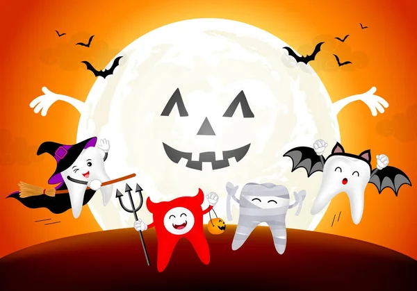 Lustige niedliche Cartoon-Zahn-Figur. Hexe, Teufel, Mumie und Fledermaus in der Mondnacht. — Stockvektor