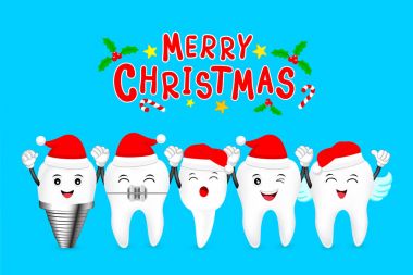 Mutlu sevimli çizgi diş karakterler Santa şapka ile. 