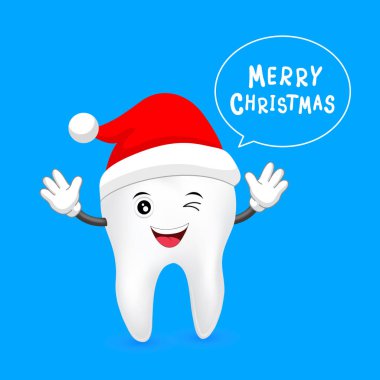 Sevimli çizgi diş karakter Santa şapka ile. 