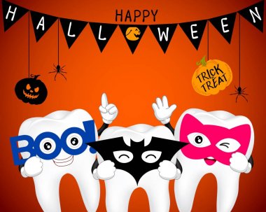 Boo, yarasa ve kedi maskesi ile diş karakter. 