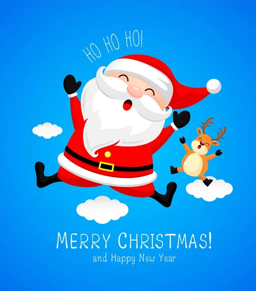 Weihnachtsmann springt mit Rentieren am Himmel. — Stockvektor