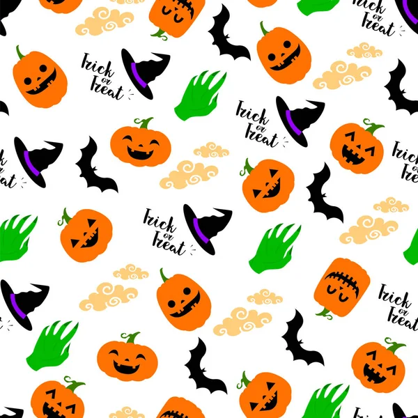 Naadloze patroon voor Halloween met pompoenen, vleermuizen, hoed en zombie hand. — Stockvector
