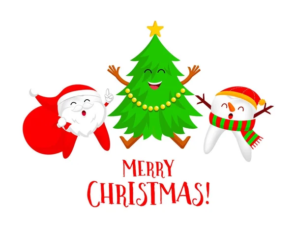 Noel diş karakter tasarımı. Noel Baba, kardan adam ve Xmas ağacı. — Stok Vektör