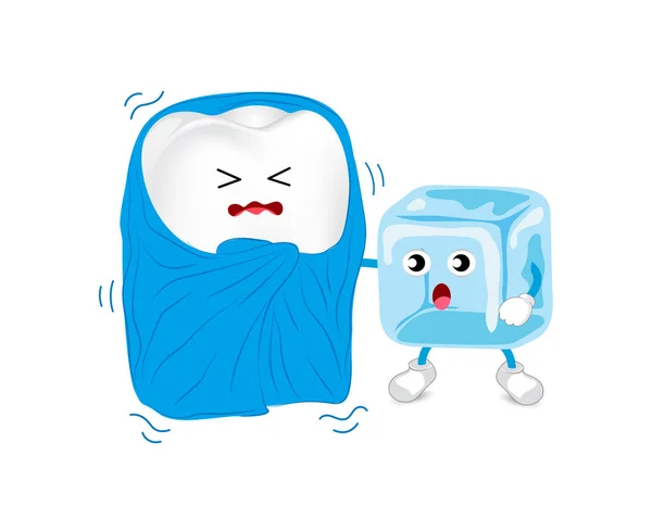 Desenhos animados personagem dente insalubre com cobertor e gelo . —  Vetores de Stock