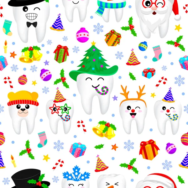 Tooth characters with Christmas elements design, seamless pattern. — Stock Vector