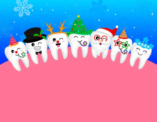 Joyeux dessin animé dent de neige flocon, Père Noël, arbre de Noël, cerf, bonhomme de neige . — Image vectorielle