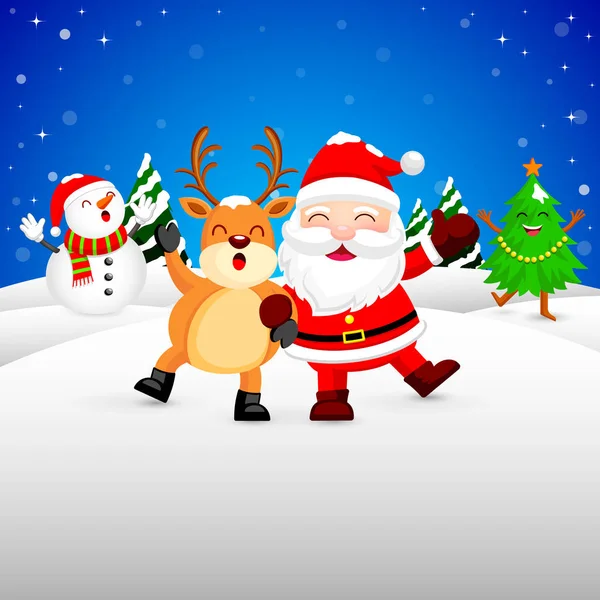 Lustige Weihnachtsfiguren auf Schnee, Weihnachtsmann, Schneemann, Weihnachtsbaum und Rentier. — Stockvektor