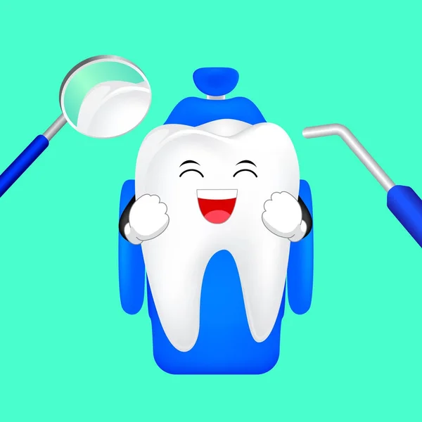 Schattig Tand Stripfiguur Glimlachend Tandheelkundige Stoel Bezoek Tandarts Maanden Tandheelkundige — Stockvector